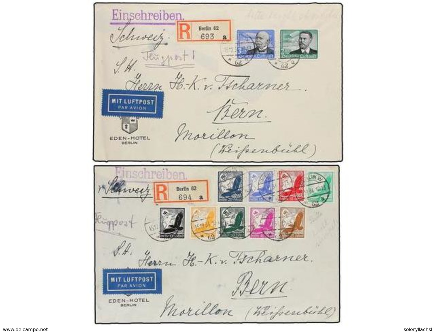 ALEMANIA. Mi.529/39. 1934. BERLIN To SWITZERLAND. Complete Set On Two Covers, Arrivals On Reverse. - Autres & Non Classés