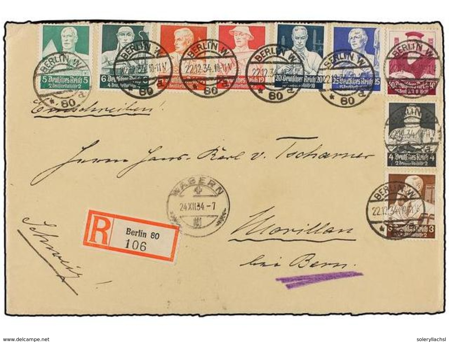 ALEMANIA. Mi.556/64. 1934. BERLIN To SWITZERLAND. Complete Set On Cover With Arrival Cds. - Autres & Non Classés