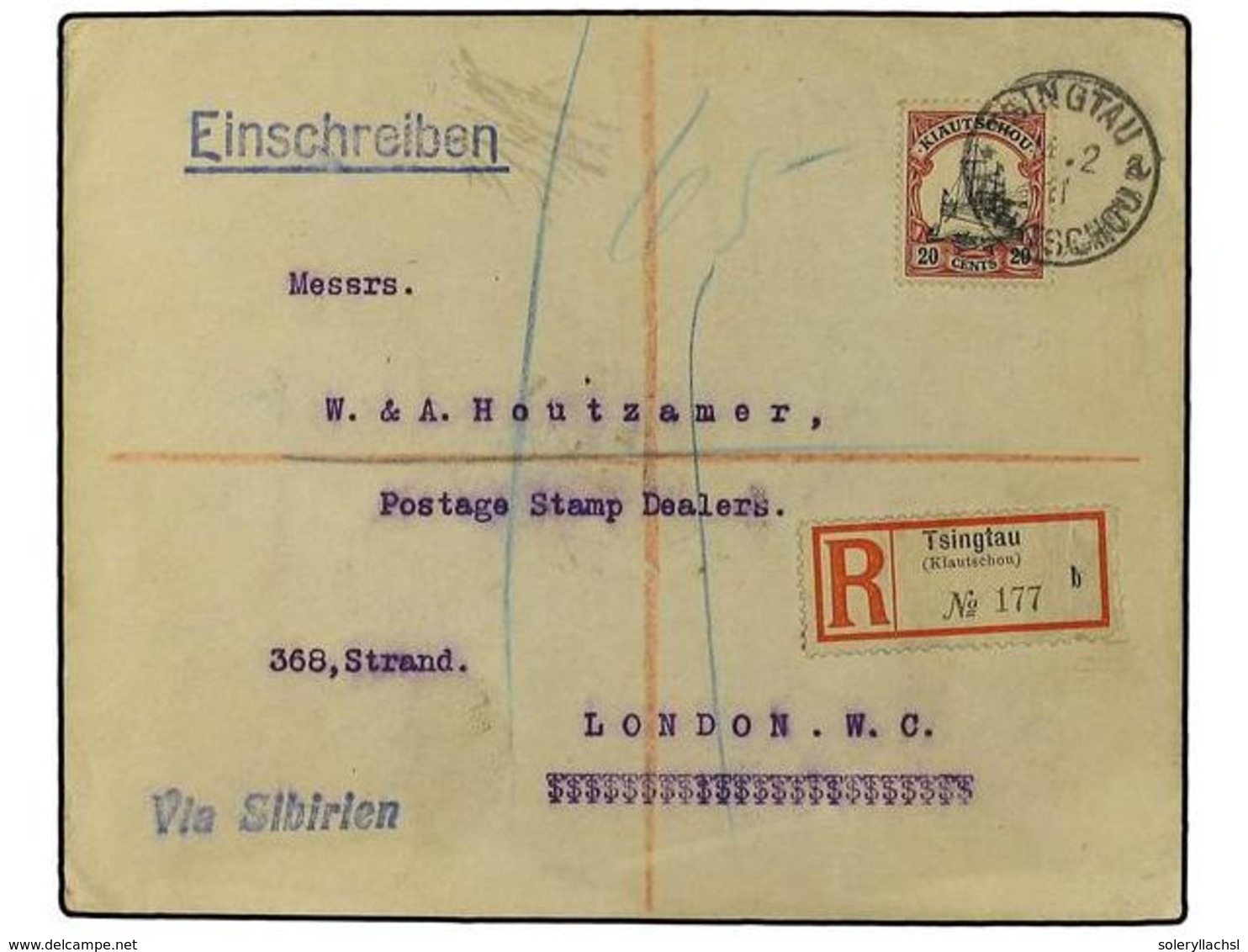 KIAO-TCHEU. 1911. Registered Cover To London Franked By Yacht 1908  20 C.  Lake And Black Tied By  Tsingtau  Cds. London - Sonstige & Ohne Zuordnung