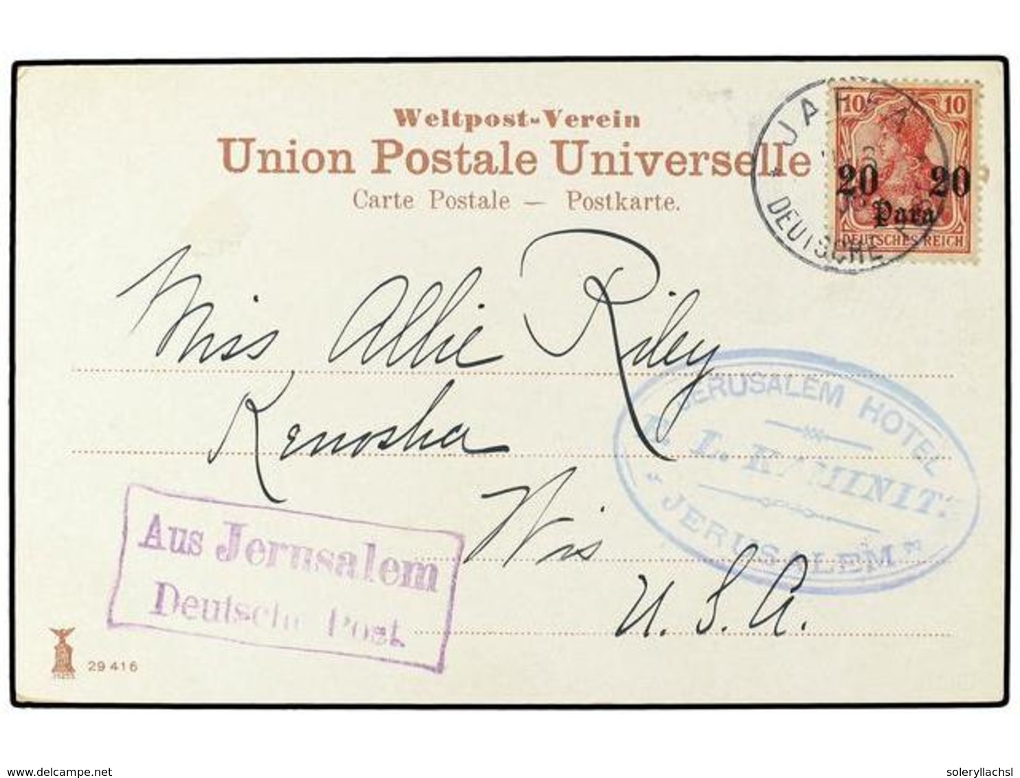 LEVANTE: CORREO ALEMAN. 1908. Picture Postcard To Kenosha, Wisconsin, USA Franked  '20 Para'  On  10pf  Tied By  'Jaffa  - Autres & Non Classés