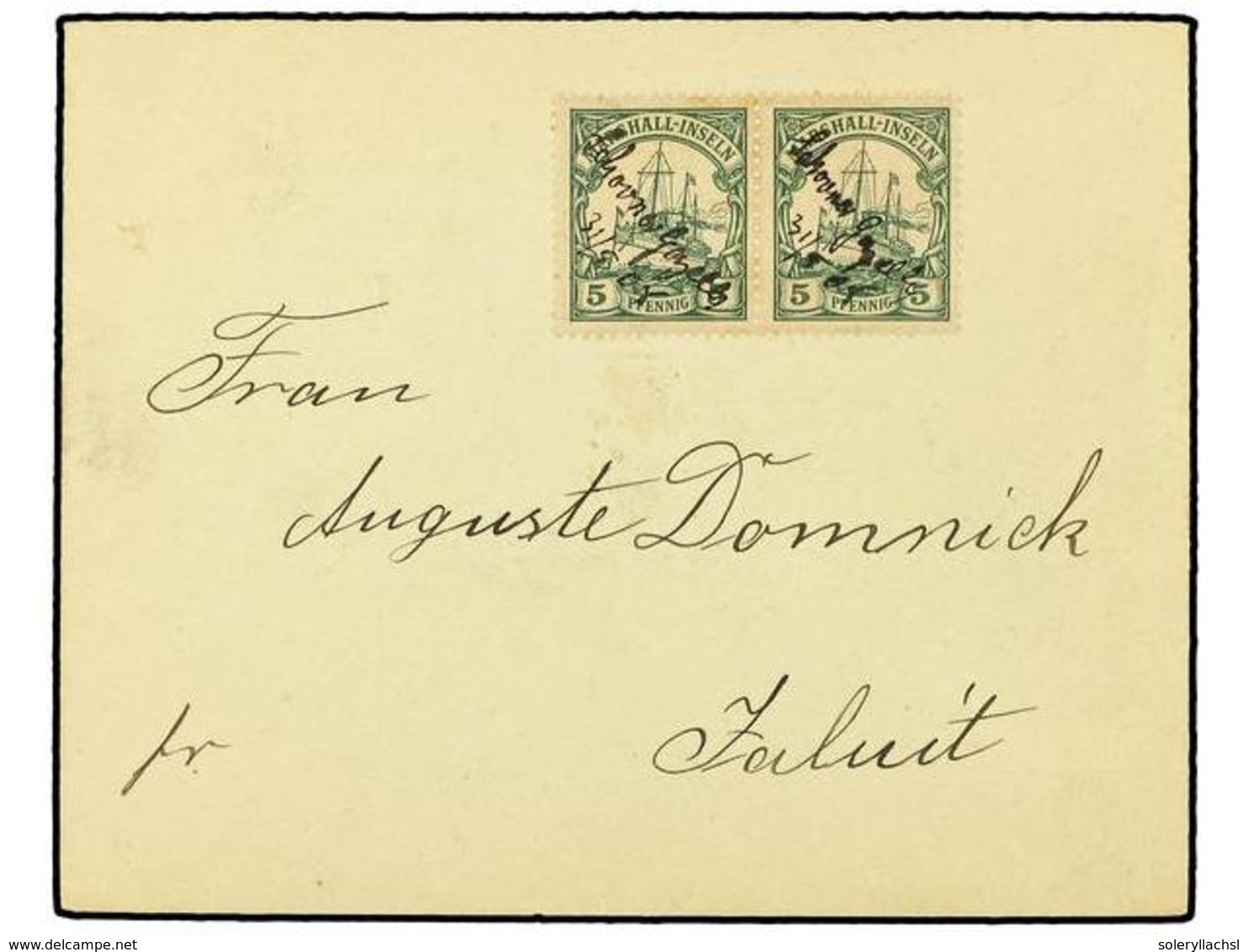 MARSHAL. 1909 (May 31). Cover To Jaluit Franked By Yacht 1901  5pf . Green Pair Cancelled By Manuscript 'Schovner Gennel - Autres & Non Classés