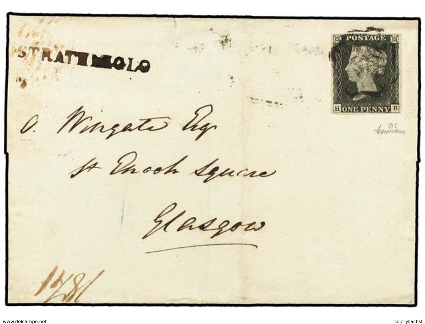 GRAN BRETAÑA. 1841 (April 20). Cover From STRATHMIELD To GLASGOW Franked By Fine Four Margined 1840  1d.  Black, Plate 9 - Sonstige & Ohne Zuordnung