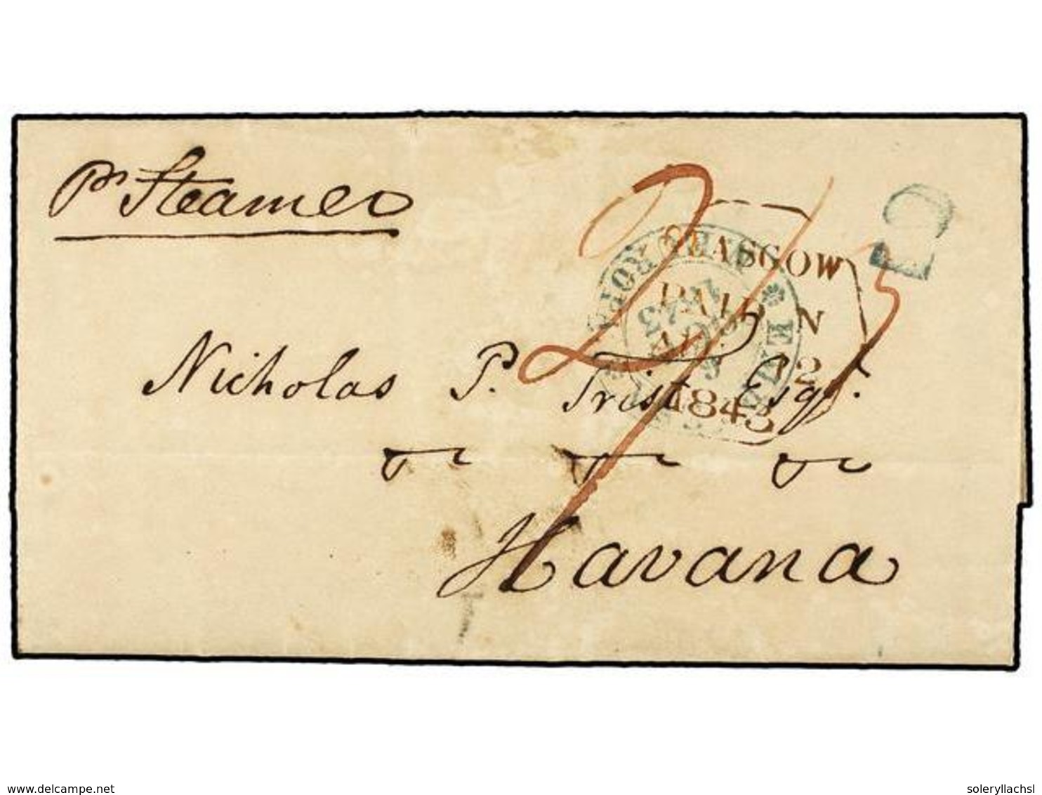 GRAN BRETAÑA. 1846. GLASGOW (Scotland) To HAVANA (Cuba). Octogonal Red  GLASGOW PAID  Cds. In Arrival  EMPRESA/N. EUROPA - Sonstige & Ohne Zuordnung