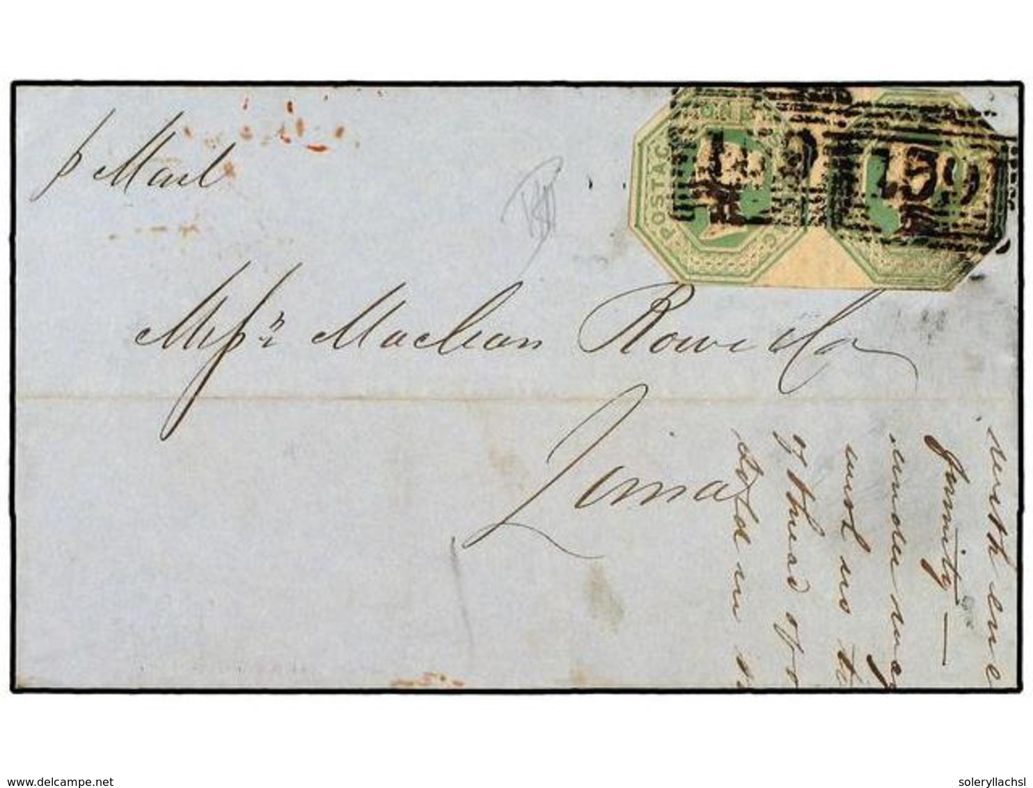 GRAN BRETAÑA. 1848(June 16th). Cover To Lima, PERU Bearing Cut Round Pair Of 1847 Embossed  1s  Green Tied By  Glasgow 1 - Sonstige & Ohne Zuordnung