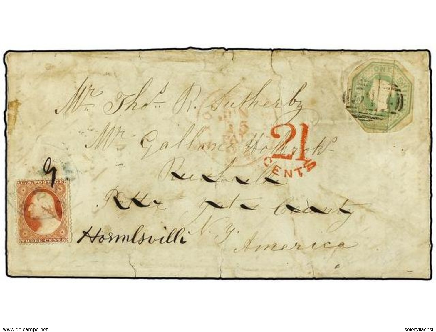 GRAN BRETAÑA. 1858. LONDON To YATES COUNTY (U.S.A.).  1 Sh.  Green Redirected To HORMLSVILLE With U.S.A.  3 Cents  Brown - Sonstige & Ohne Zuordnung