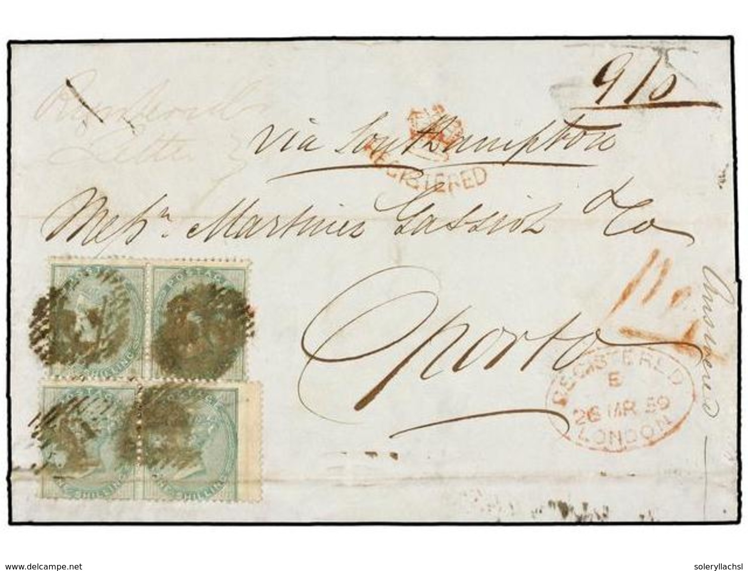 GRAN BRETAÑA. Sg.71 (4). 1859. LONDON To OPORTO (Portugal).  1sh.  Green (4) With Red  CROWN/REGISTERED  And  REGISTERED - Autres & Non Classés