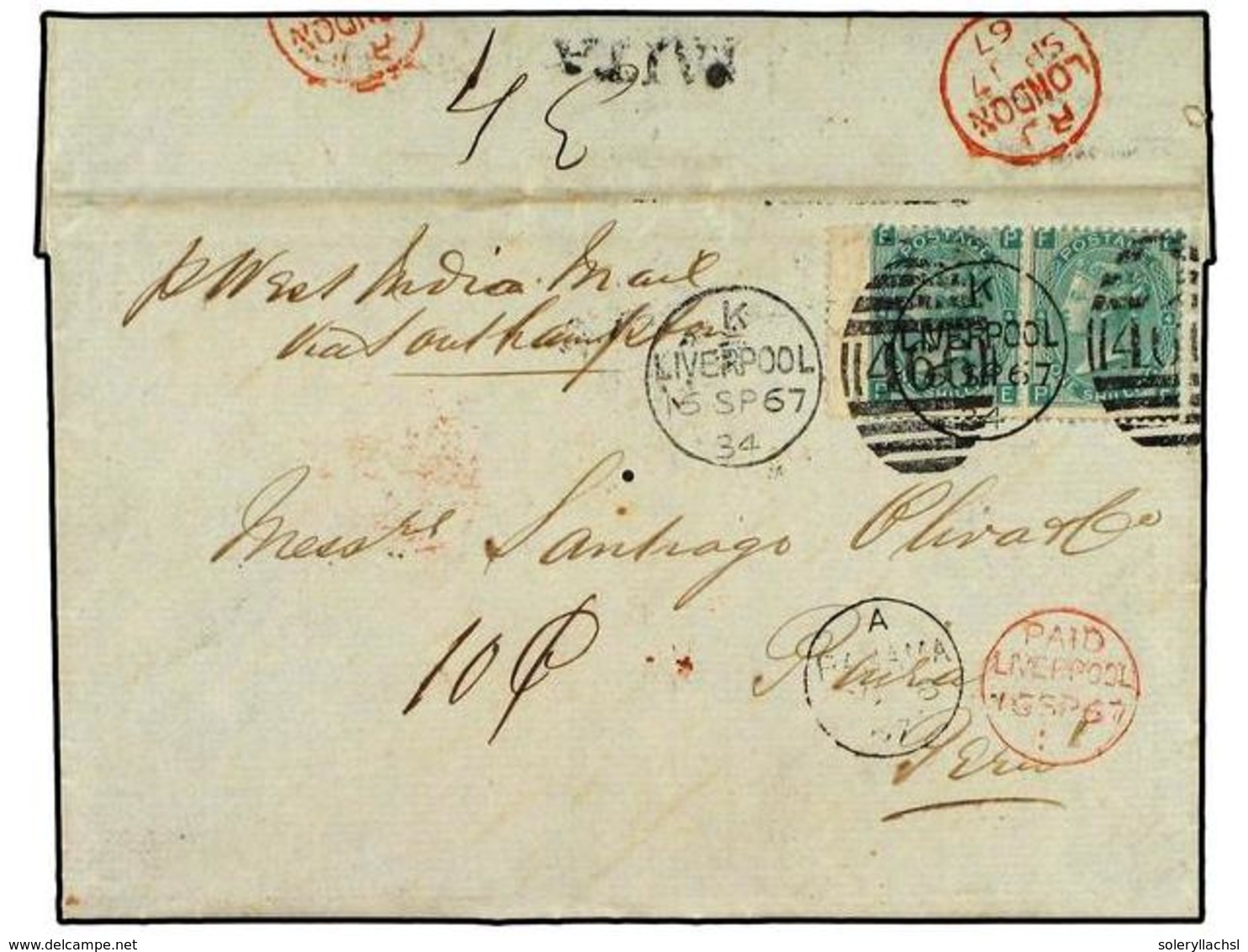 GRAN BRETAÑA. 1867(Sept 16th). Entire Letter To Piura, PERU Franked At 2s Rate For Under ½ Ounce Endorsed 'pr West India - Sonstige & Ohne Zuordnung