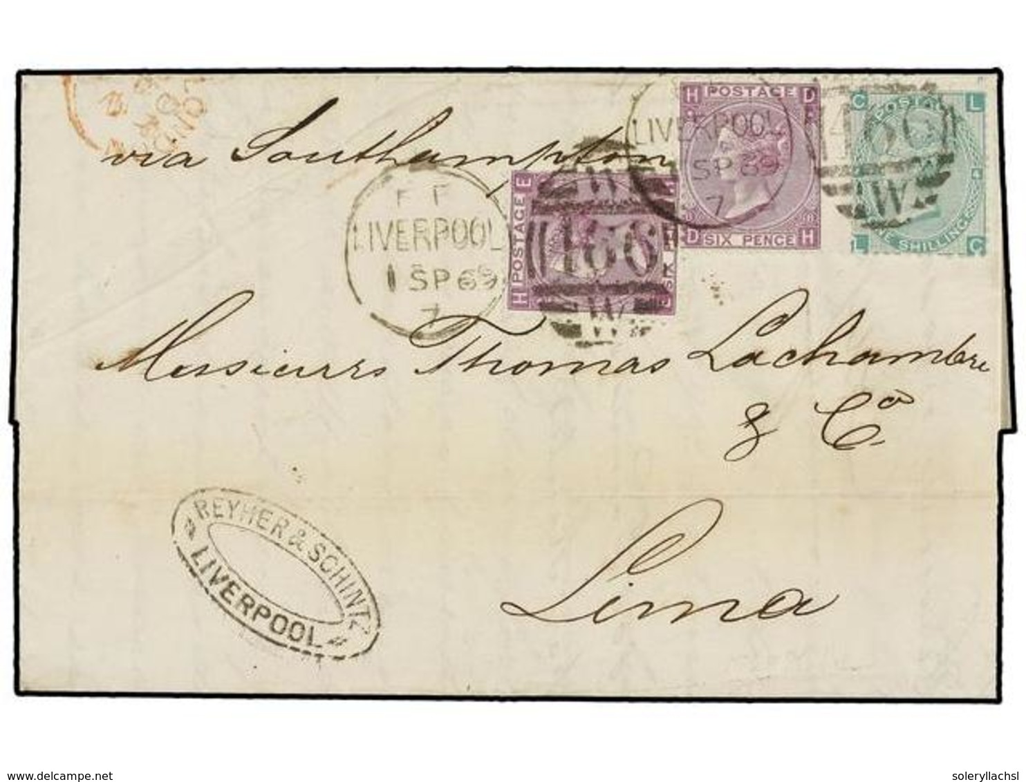 GRAN BRETAÑA. 1869 (Sept 1st). Entire Letter To Lima, PERU Endorsed 'Via Southampton' At 2s Rate For Under ½ Ounce Beari - Sonstige & Ohne Zuordnung