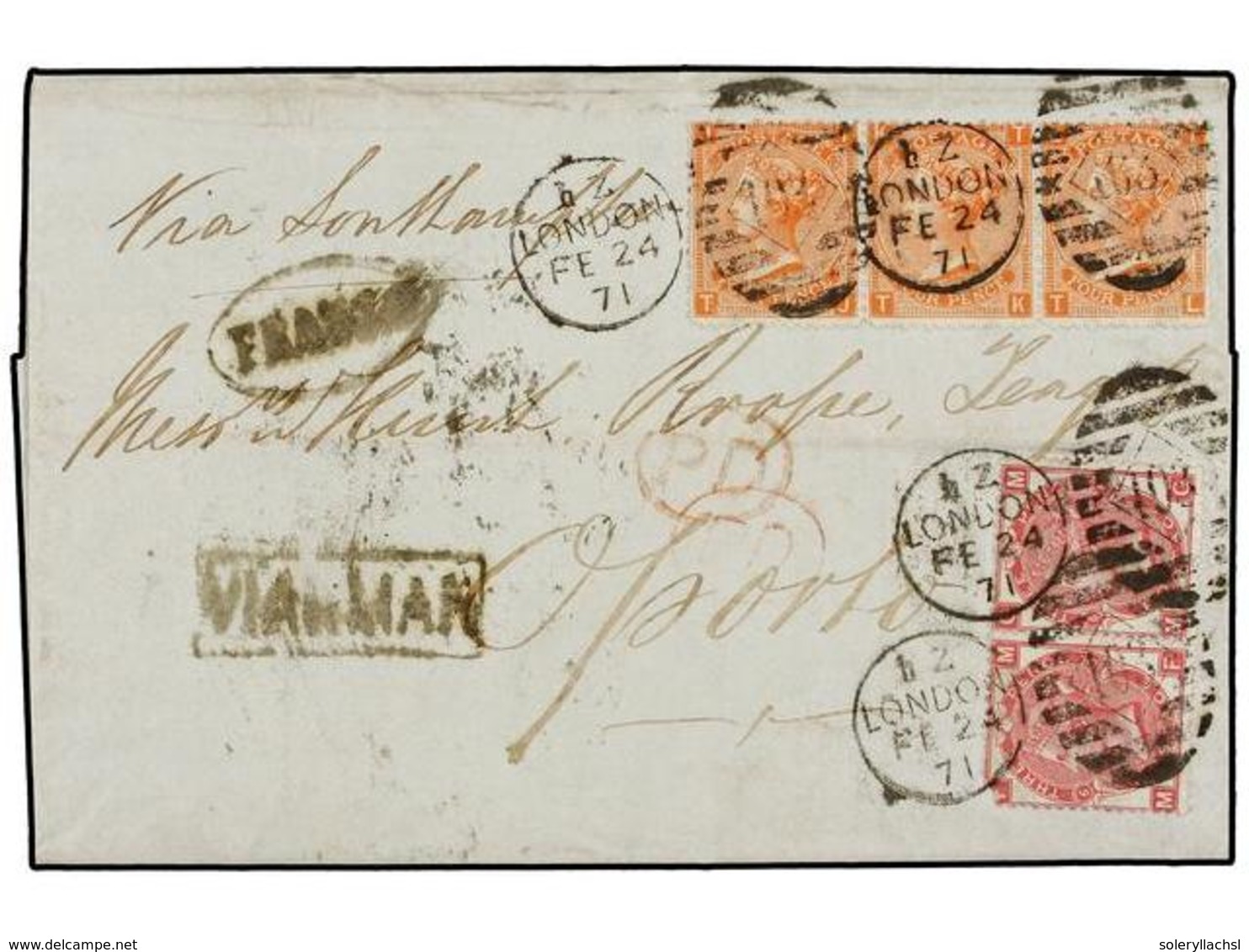 GRAN BRETAÑA. Sg.94 (3), 103 (2). 1871. LONDON To OPORTO (Portugal).  3d.  Rose (2) And  4d.  Vermilion (3), One With Co - Altri & Non Classificati