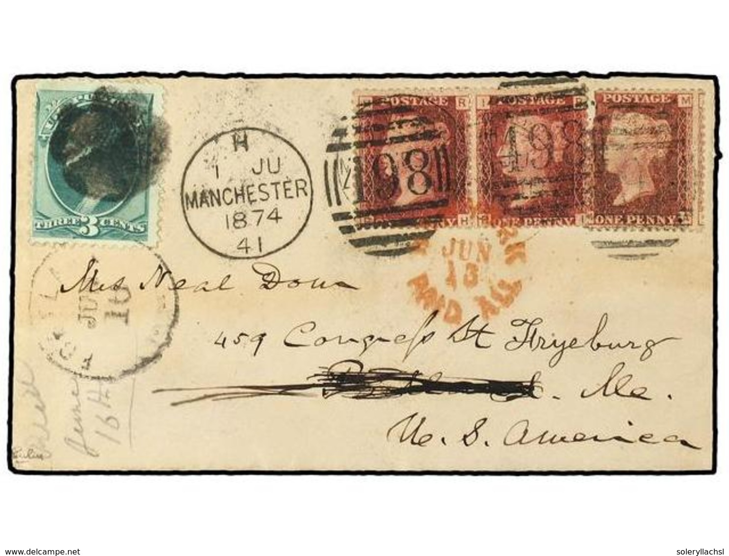 GRAN BRETAÑA. 1874. MANCHESTER A USA. Circulada Con Tres Sellos De  1 P.  Rojo (un Sello Defecto) Reexpedida En El Inter - Sonstige & Ohne Zuordnung