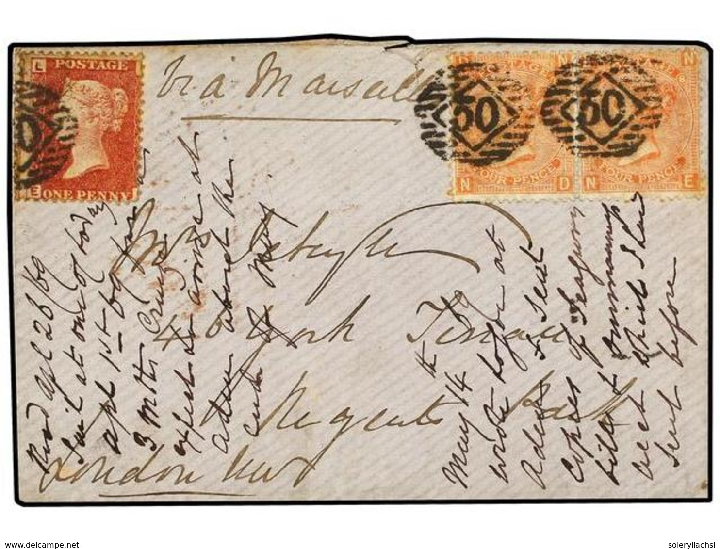 ADEN. Sg.43+94. 1868. Cover Endorsed 'via Marseilles' To LONDON Franked By Great Britain 1858  1d.  Red And Pair Of  4d. - Altri & Non Classificati