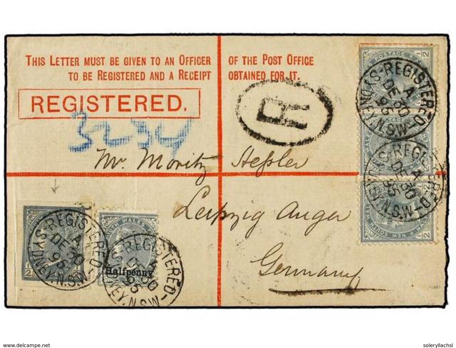 AUSTRALIA. 1895. SYDNEY (New South Welles) To GERMANY. Registered Envelope Uprated By  1/2 P.  Grey (3),  1/2 P.  Grey N - Andere & Zonder Classificatie