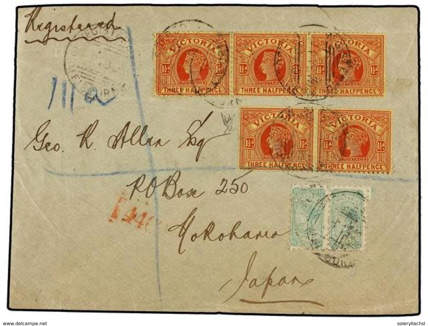 AUSTRALIA. Sg.384 (2), 386 (5). 1902. MELBOURNE To YOKOHAMA (Japan)  1/2 D.   Green (2) And  1 1/2 D.  Red On Yellow Arr - Andere & Zonder Classificatie