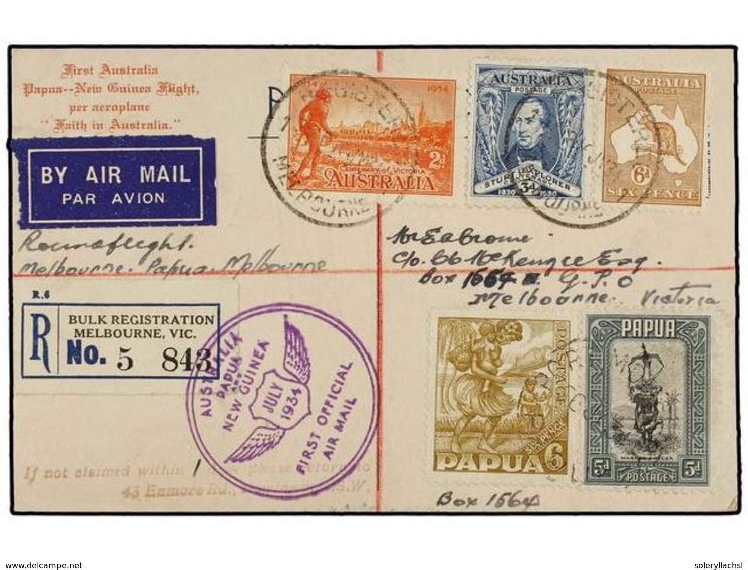 AUSTRALIA. 1934. MELBOURNE To MELBOURNE.  AIR MAIL  Card Via PORT MORESBY (Papua) Mixed Franking AUSTRALIA+PAPUA, Arriva - Andere & Zonder Classificatie