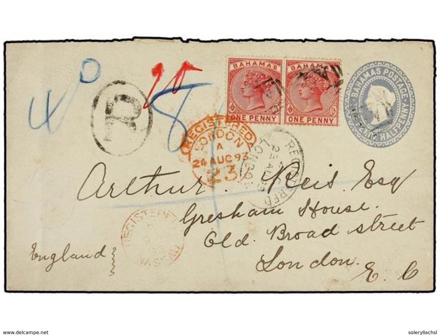 BAHAMAS. 1893.  1 1/2 D.  Slate Blue Postal Stationery Envelope Sent Registered To LONDON And Up-rated With Pair Of 1884 - Sonstige & Ohne Zuordnung