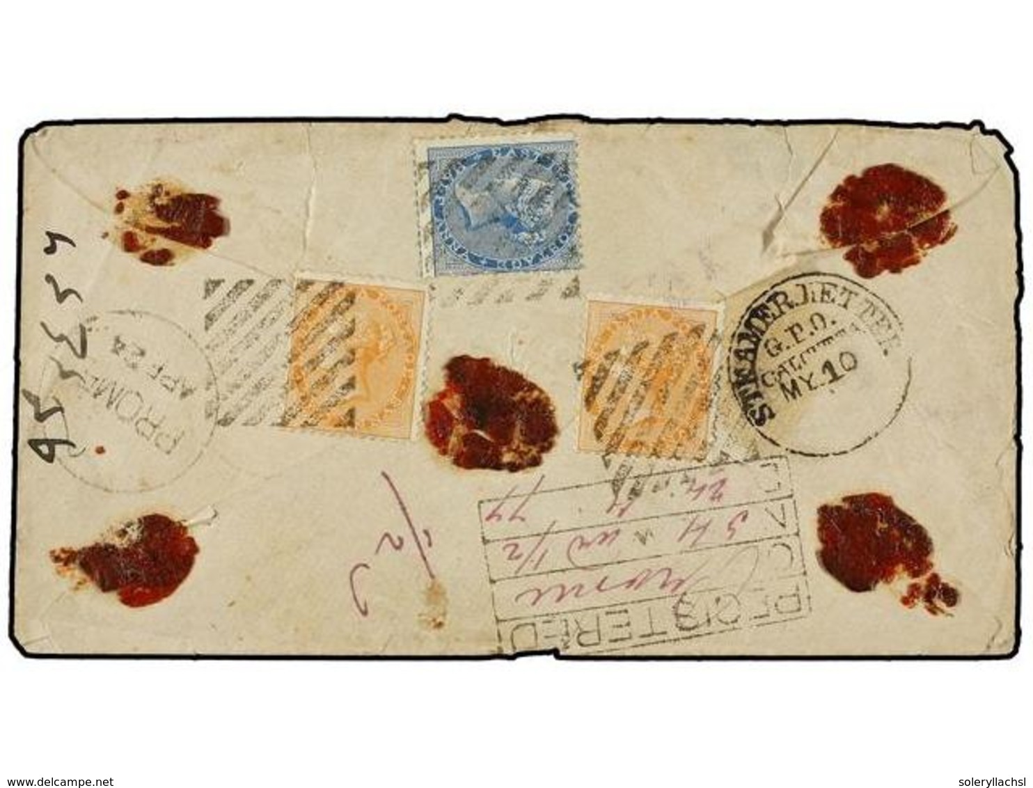 BIRMANIA. 1877. PROME To CALCUTA. Registered Envelope With India  1/2 A.  And  2 A.  Stamps Tied By  DIAMOND OF BARS . C - Sonstige & Ohne Zuordnung