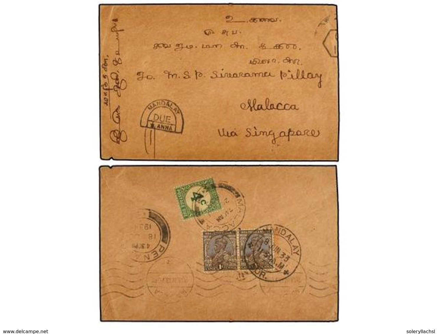 BIRMANIA. 1933. MANDALAY (Burma) To MALACCA. Envelope Franked With Two  1 Anna  Brown, Taxed On Arrival With Straits Set - Sonstige & Ohne Zuordnung