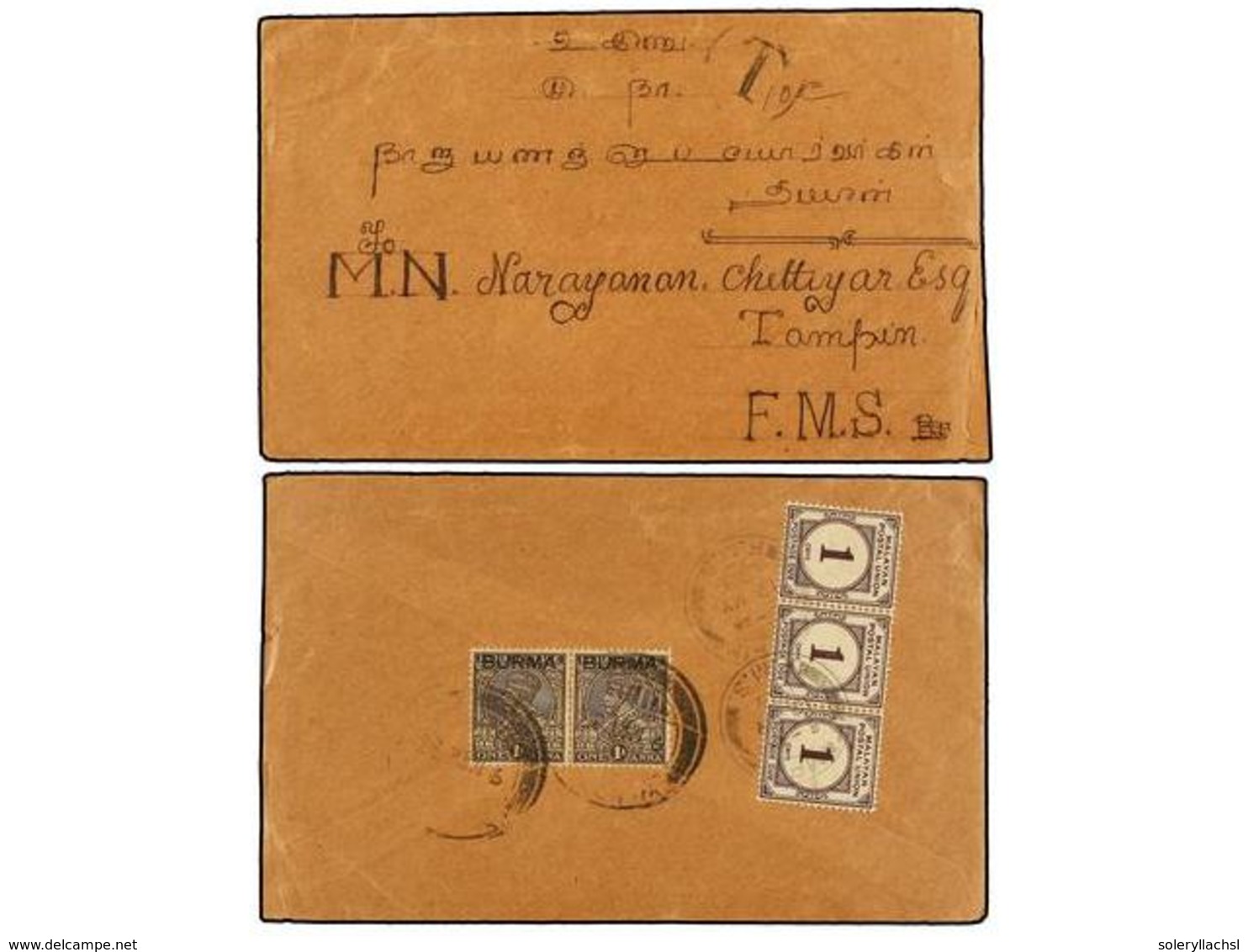 BIRMANIA. 1939. BURMA To TAMPIN (Negri Sembilan, Malaya). Envelope Franked With Two  1 Anna  Brown Stamps, Taxed On Arri - Altri & Non Classificati