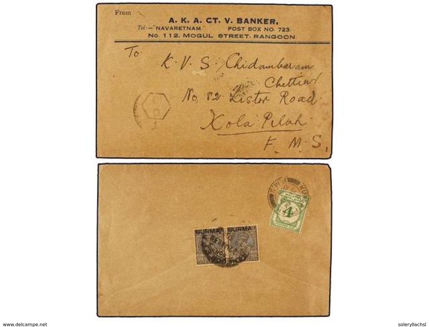 BIRMANIA. 1938. RANGOON To KUALA PILAH (Negri Sembilan, Malaya). Envelope Franked With Two  1 Anna  Stamps, Taxed On Arr - Autres & Non Classés