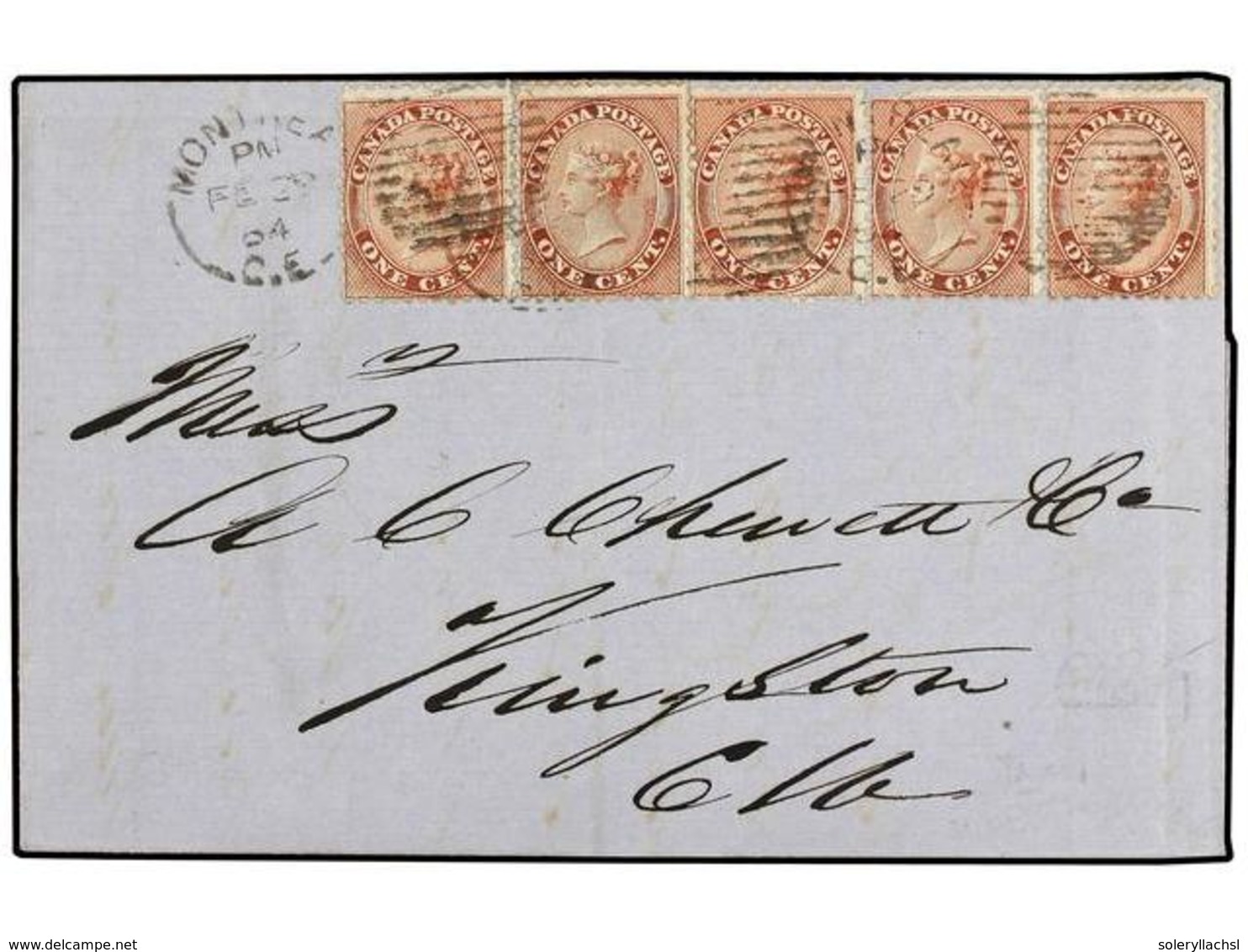 CANADA. 1864 (Feb 29). Leap Year Day Cover To Kingston Franked By 1859  1c . Rose (5, One With Small Perf. Fault) All Ti - Andere & Zonder Classificatie