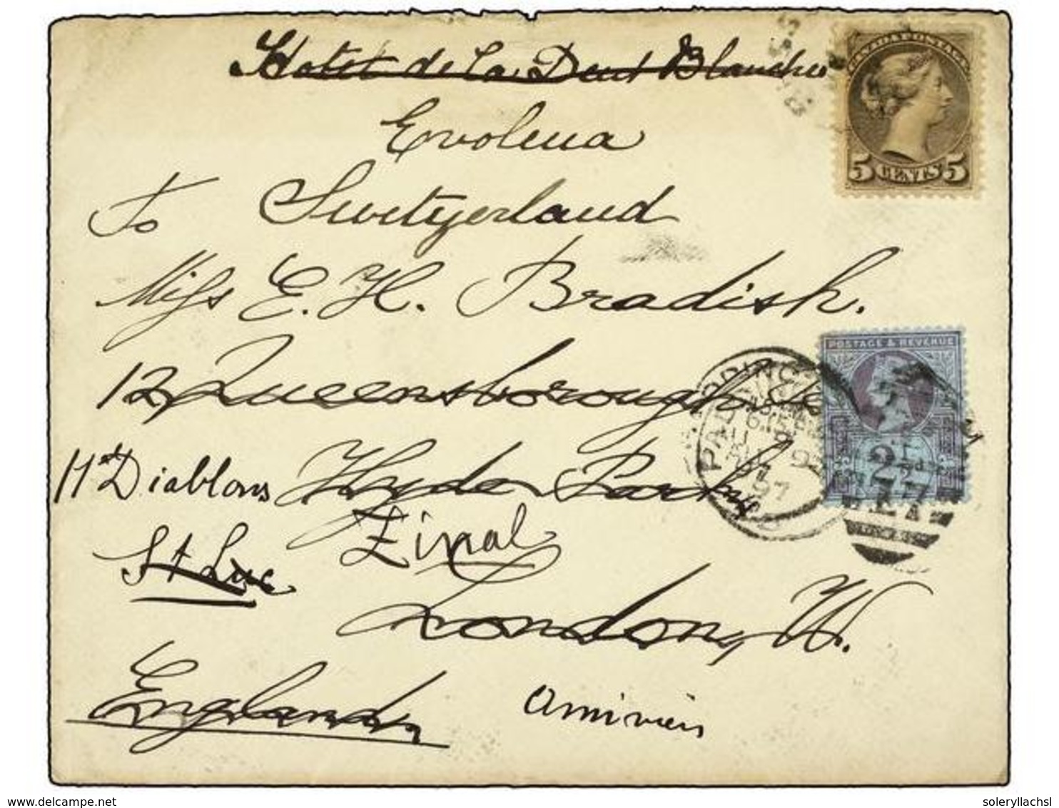 CANADA. 1897. CANADA To LONDON.  5 Cents  Grey Redirected To SWITZERLAND With Great Britain  2 1/2 D.  Stamp. - Andere & Zonder Classificatie