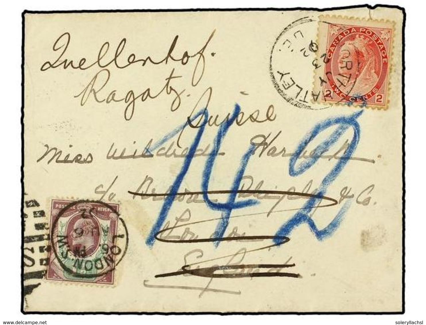 CANADA. 1902. NORTH HATLEY To LONDON.  2 Cents  Red Redirected To SWITZERLAND With Great Britain  1 1/2 D.  Stamp. - Sonstige & Ohne Zuordnung