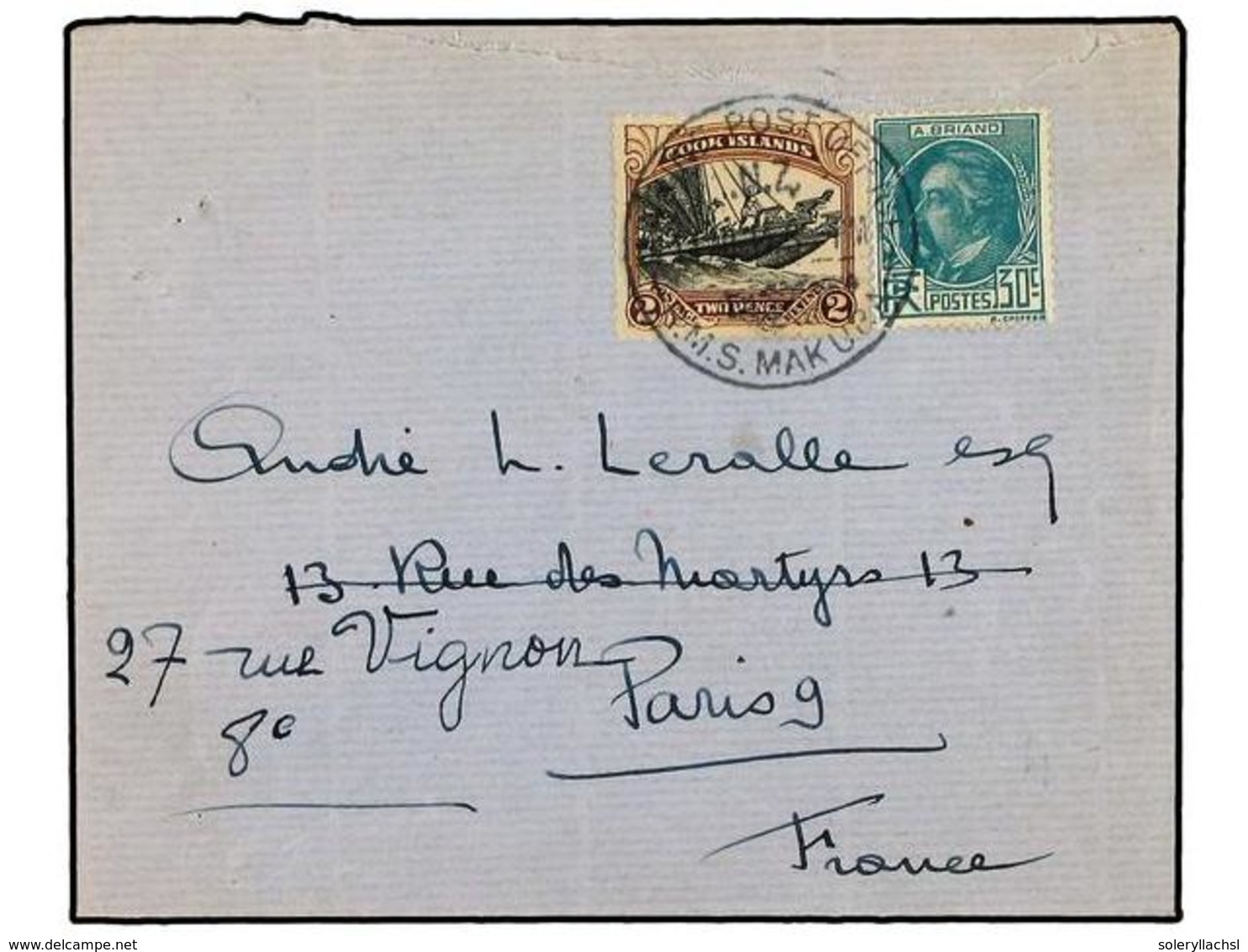 COOK. 1936. Cover To FRANCE Bearing France Briand  30 C.  Turquoise And Cook Island  2 D.  Black And Brown (SG 108) Both - Sonstige & Ohne Zuordnung