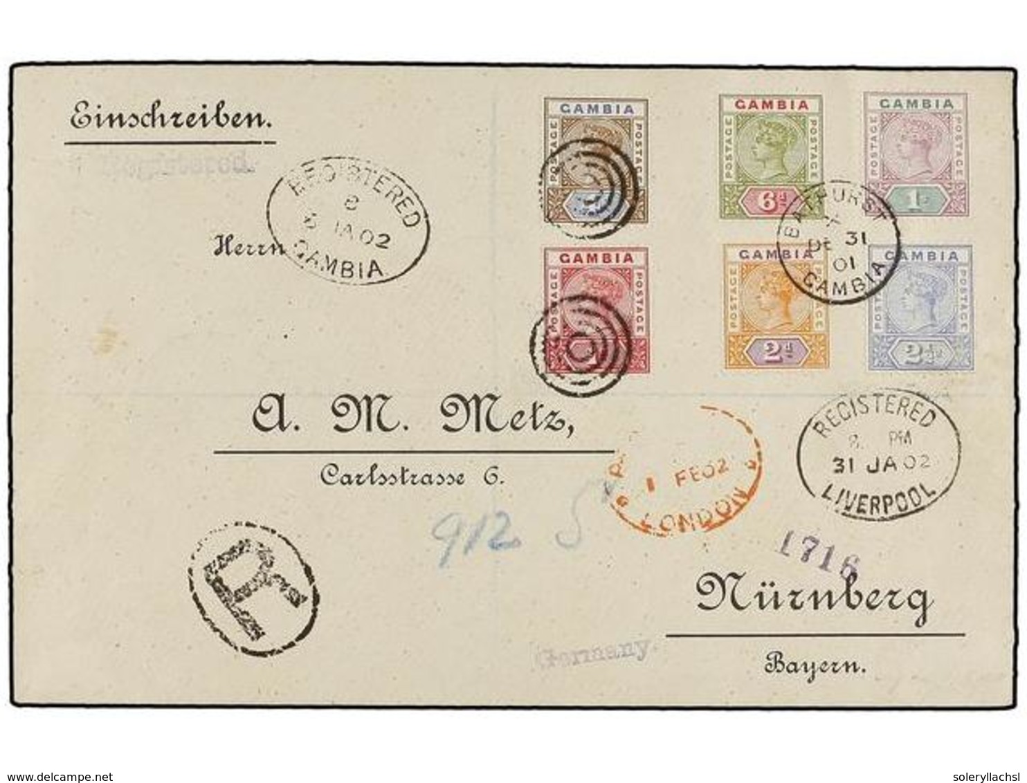 GAMBIA. Sg.38/40, 42/44. 1902. BATHURST To GERMANY. Very Nice Franking On Registered Cover, Arrival On Reverse. - Andere & Zonder Classificatie