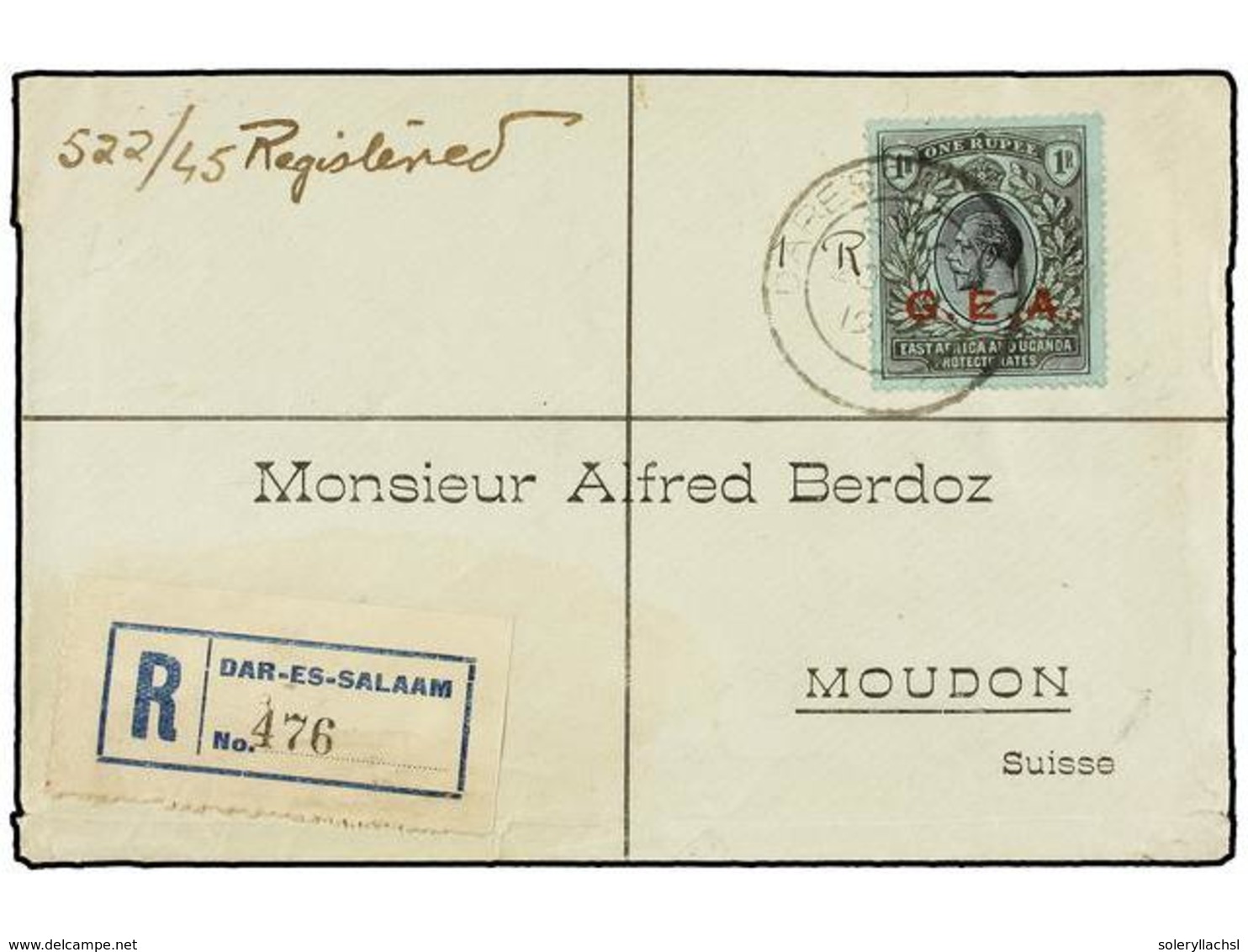 TANGANIKA. Sg.55. 1919. DAR-ES-SALAAM To SWITZERLAND.  1 Rupee  G.E.A. On Registered Cover, Arrival On Reverse. - Andere & Zonder Classificatie