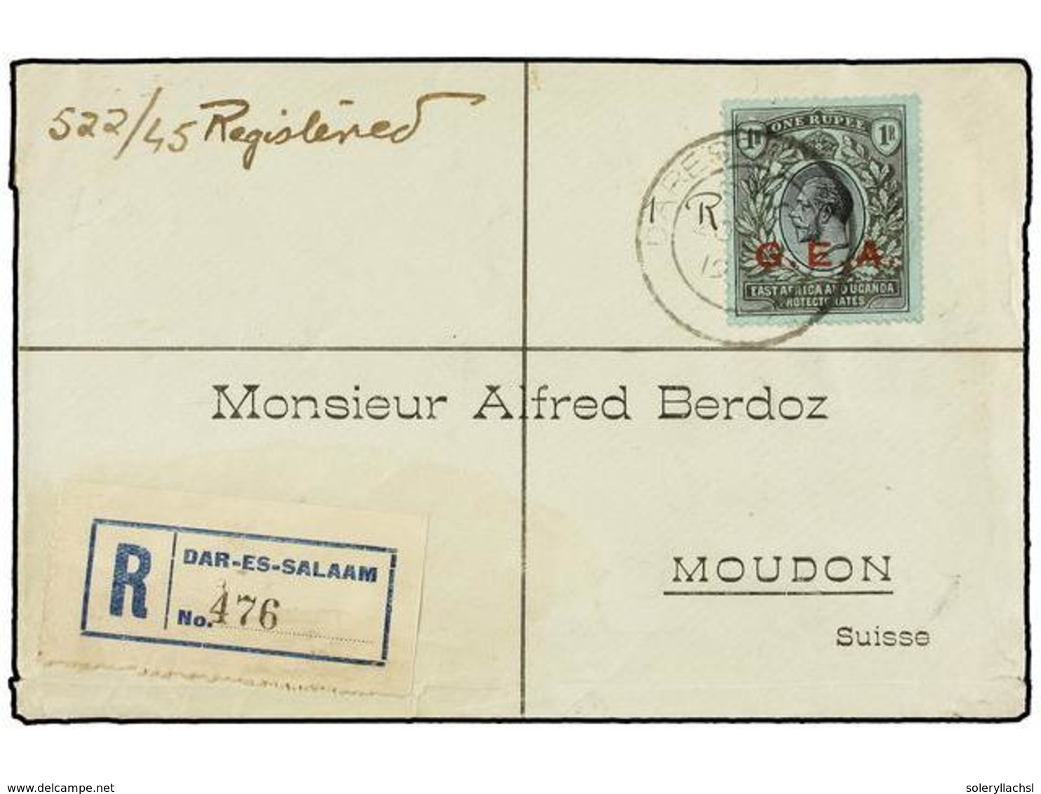 TANGANIKA. Sg.55. 1919. DAR-ES-SALAAM To SWITZERLAND.  1 Rupee  G.E.A. On Registered Cover, Arrival On Reverse. - Altri & Non Classificati