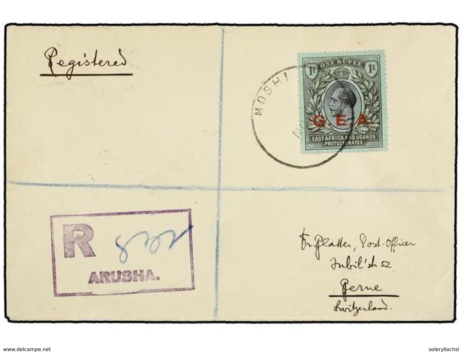 TANGANIKA. Sg.55. 1919. MOSHI To SWITZERLAND.  1 Rupee  G.E.A. On Registered Cover, Arrival On Reverse. - Andere & Zonder Classificatie