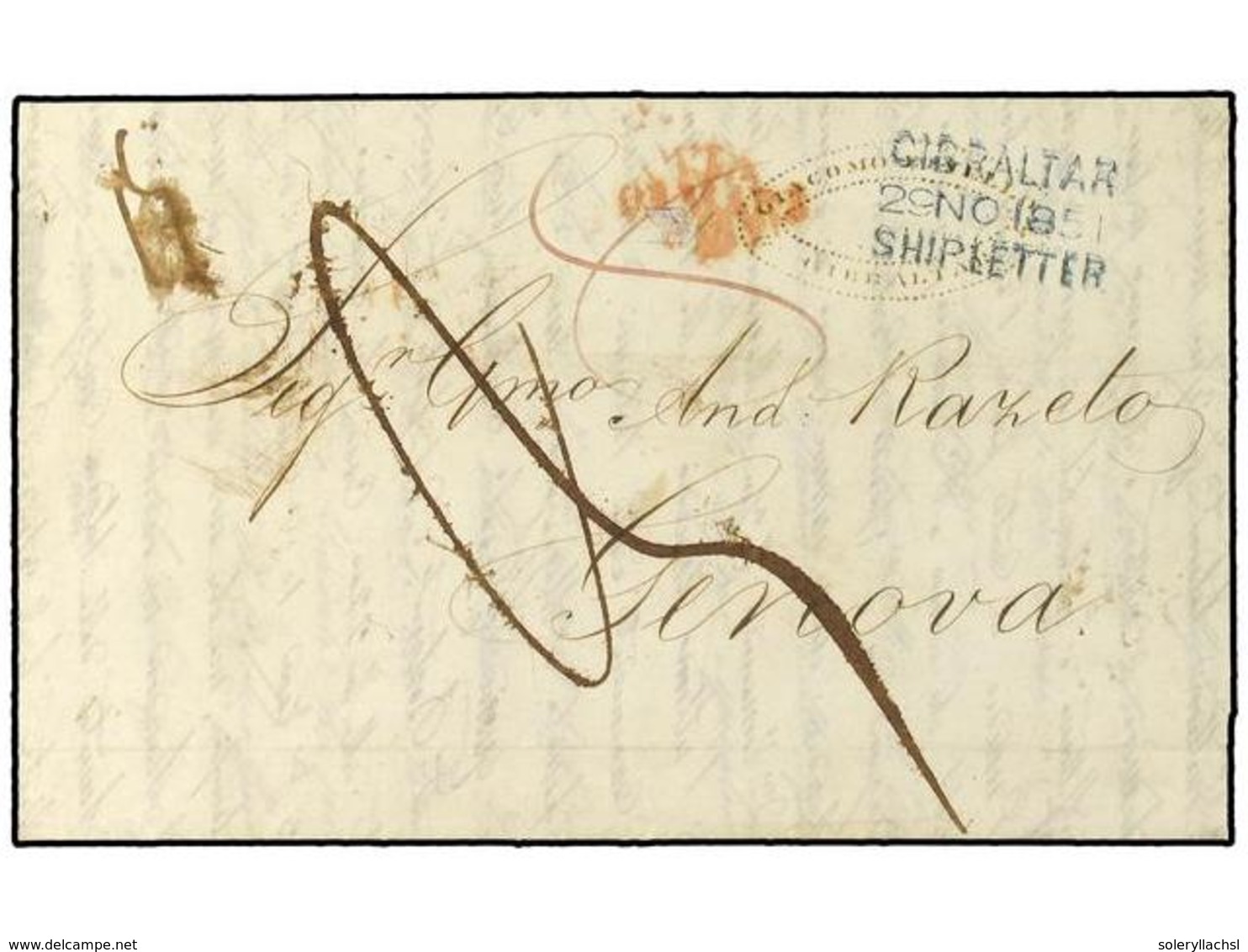 GIBRALTAR. 1851 (Nov 29). Entire Letter To Genoa With Superb Strike Of Three Line Dated  'GIBRALTAR/SHIP LETTER'  In Blu - Autres & Non Classés