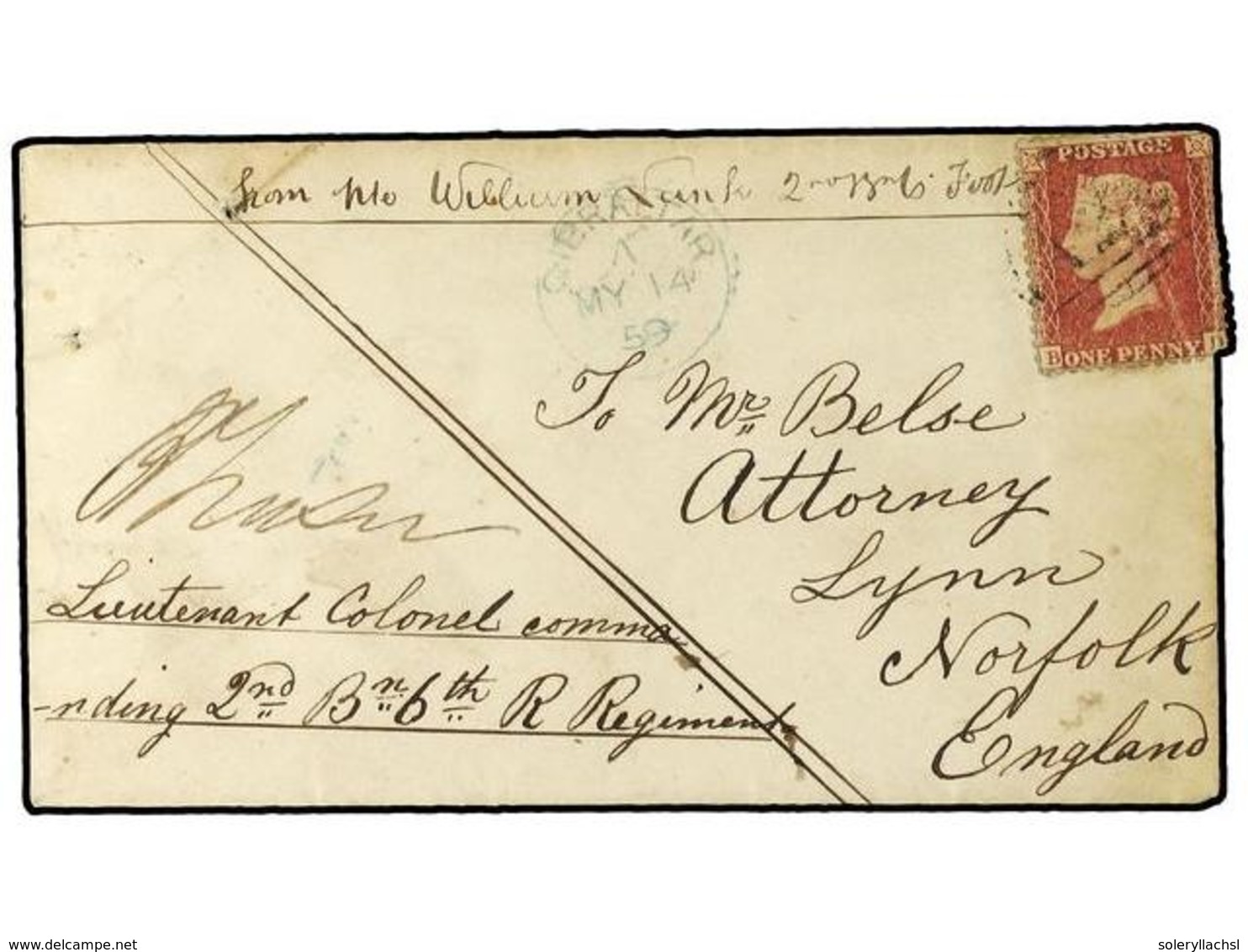 GIBRALTAR. 1859 (May 14). Cover To Lynn, Norfolk From Private William Lunk With GB  1d.  Red Star Tied By  A26  Oblitera - Sonstige & Ohne Zuordnung