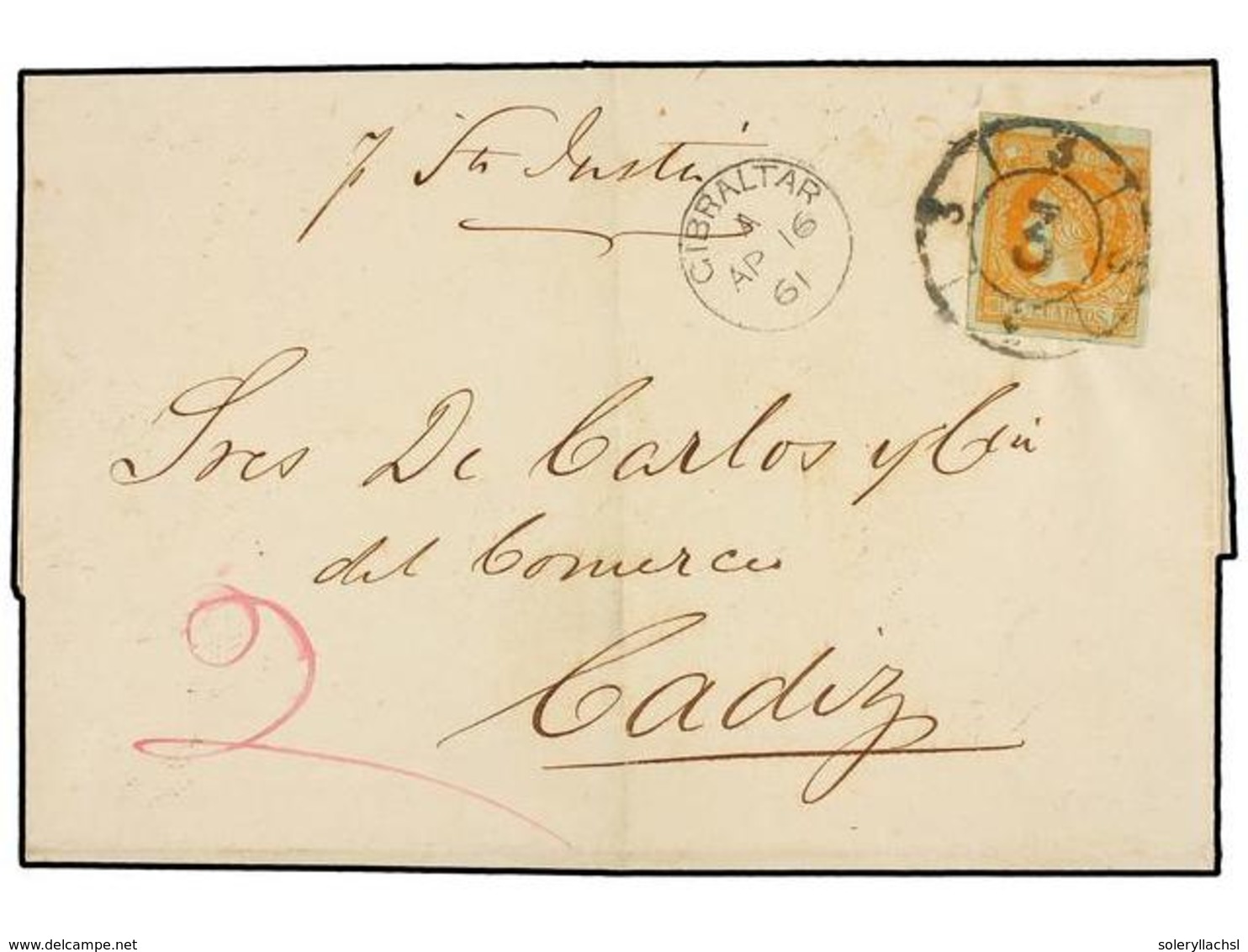 GIBRALTAR. 1861. GIBRALTAR A CÁDIZ. Circulada Por Vía De Mar, Porte Británico De  2 Penny  Pagados En Metálico,  '2'  Ma - Andere & Zonder Classificatie