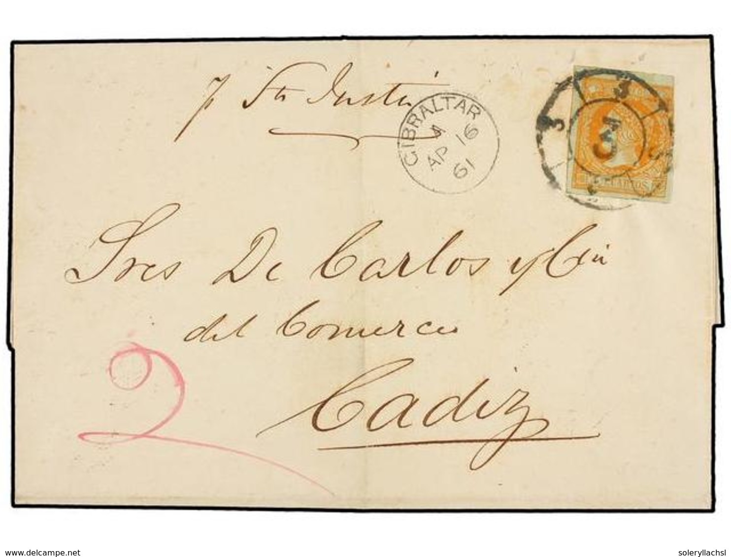 GIBRALTAR. 1861. GIBRALTAR A CÁDIZ. Circulada Por Vía De Mar, Porte Británico De  2 Penny  Pagados En Metálico,  '2'  Ma - Sonstige & Ohne Zuordnung