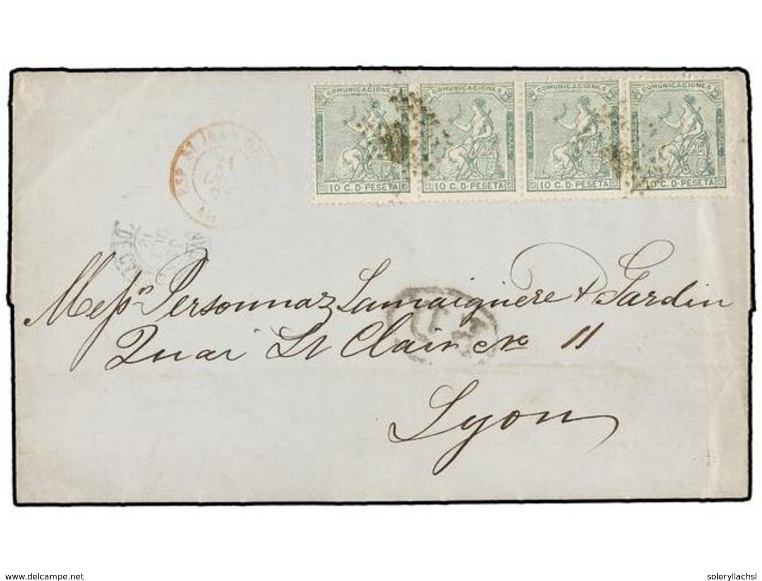 ESPAÑA. Ed.133 (4). 1873. GIBRALTAR A LYON (Francia).  10 Cts.  Verde, Tira De Cuatro. Muy Raro Franqueo En Carta Proced - Autres & Non Classés