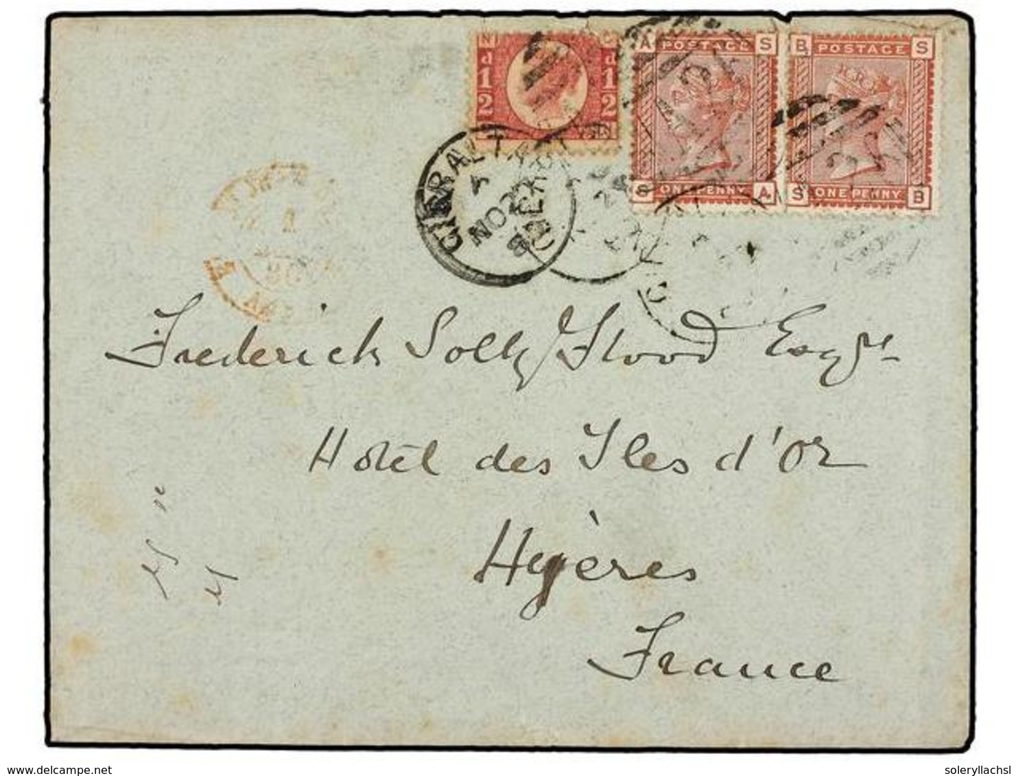 GIBRALTAR. 1880. GIBRALTAR To FRANCE.  1/2 D.  Red And Two  1 D.  Red Brown Tied By  A26  Cancel. - Andere & Zonder Classificatie