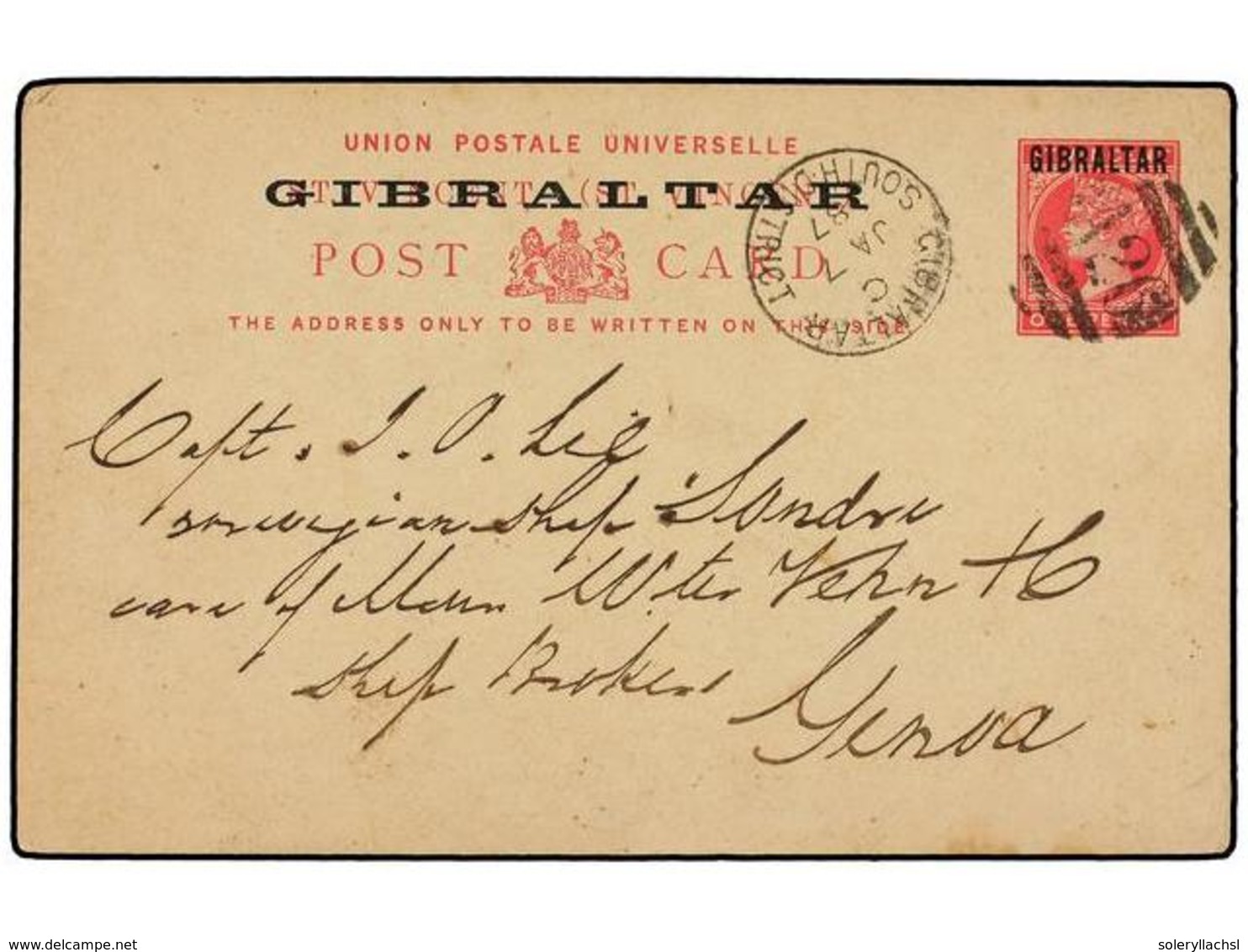 GIBRALTAR. 1887. GIBRALTAR A GENOVA. Entero Postal De  One Penny  Rojo Habilitado  GIBRALTAR , Fechador  GIBRALTAR/SOUTH - Altri & Non Classificati