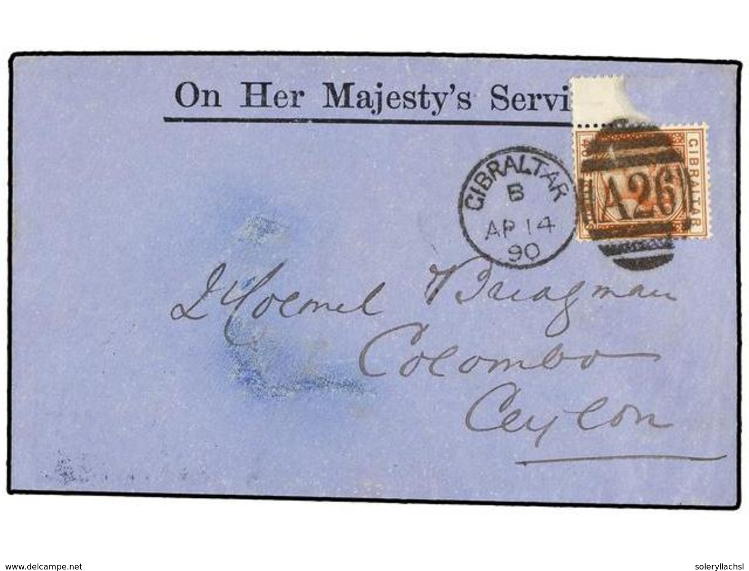 GIBRALTAR. Sg.27. 1890. GIBRALTAR To CEYLON.  O.H.M.S.  Envelope Franked With  40 Cts.  Red Brown By  GIBRALTAR/A26  Can - Autres & Non Classés