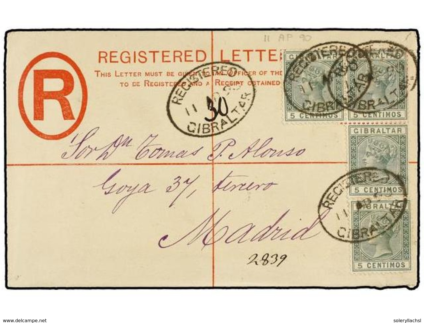 GIBRALTAR. Sg.22 (4). 1890. GIBRALTAR To MADRID.  20 Cts.  Red Registered Envelope (Size F) Uprated With Four  5 Cents.  - Autres & Non Classés