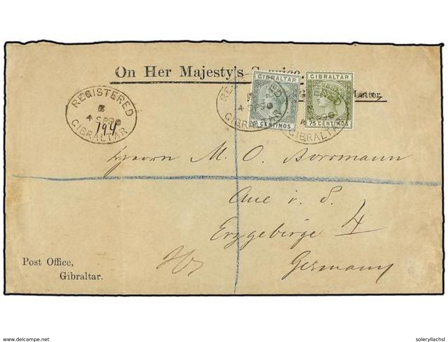 GIBRALTAR. Sg.22, 29. 1890. GIBRALTAR To GERMANY.  5 Cts.  Green And  75 Cts.  Olive On Registered Cover, Arrival On Rev - Andere & Zonder Classificatie