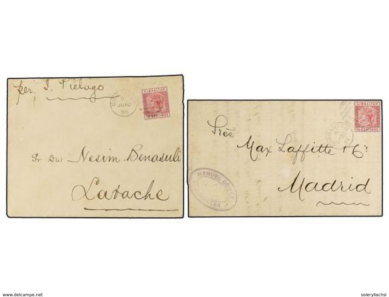 GIBRALTAR. Sg.23. 1891-96. Two Covers To MADRID (Spain) And LARACHE (Morocco) Franked With  10 Cts.  Rose Stamps. - Andere & Zonder Classificatie