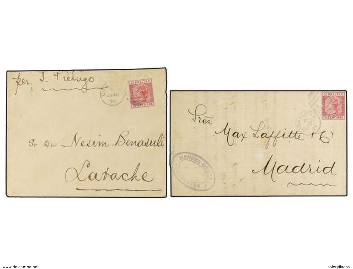 GIBRALTAR. Sg.23. 1891-96. Two Covers To MADRID (Spain) And LARACHE (Morocco) Franked With  10 Cts.  Rose Stamps. - Autres & Non Classés