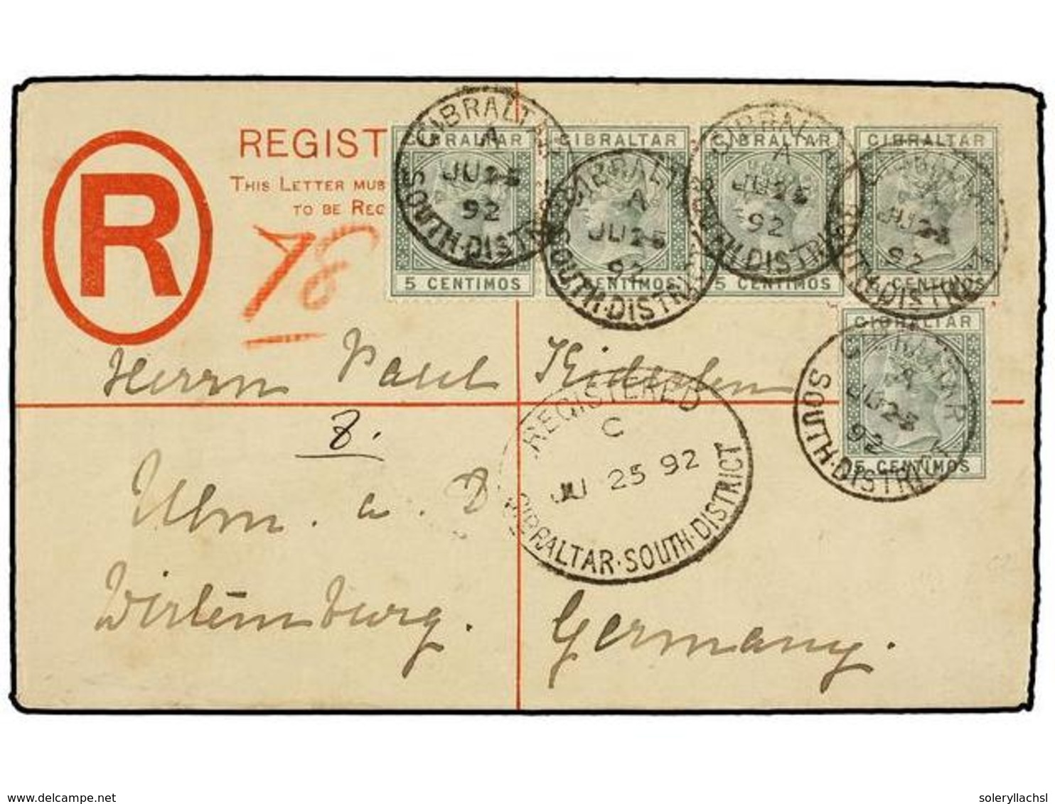 GIBRALTAR. Sg.22 (5). 1892. GIBRALTAR To GERMANY.  20 Cts.  Red Registered Envelope (Size F) Uprated With Five  5 Cents. - Andere & Zonder Classificatie