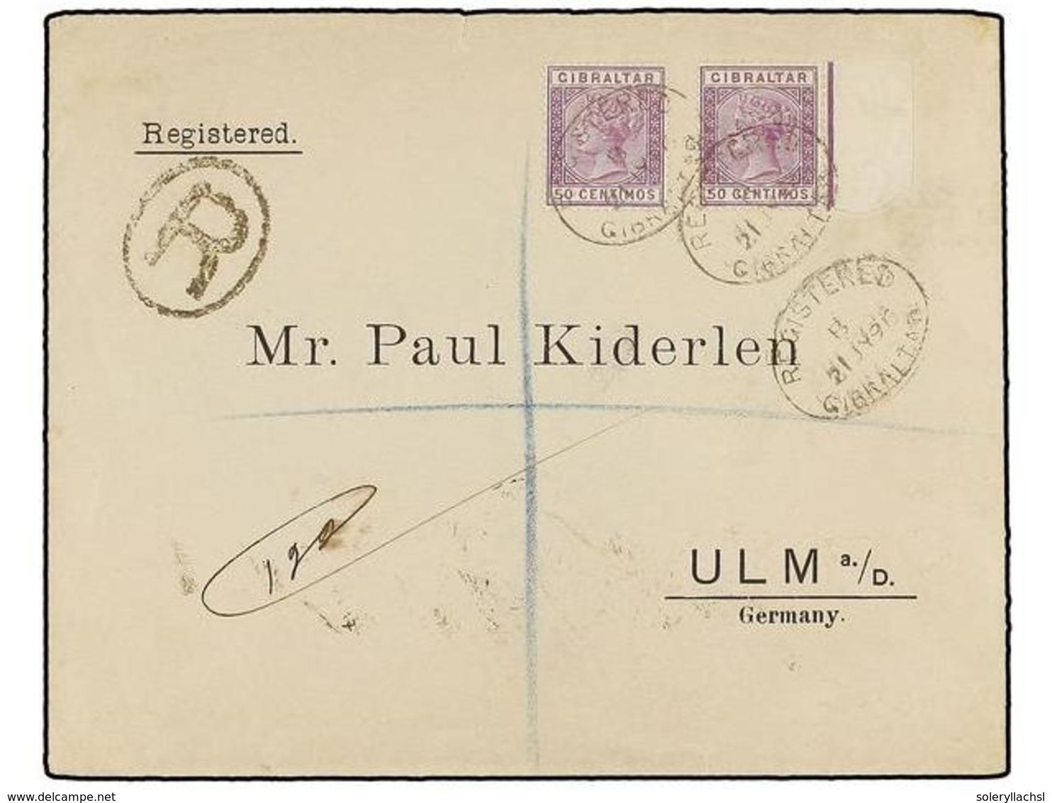 GIBRALTAR. Sg.28 (2). 1896. GIBRALTAR To GERMANY.  50 Cts.  Lilac (2) On Registered Cover, Arrival On Reverse. - Autres & Non Classés