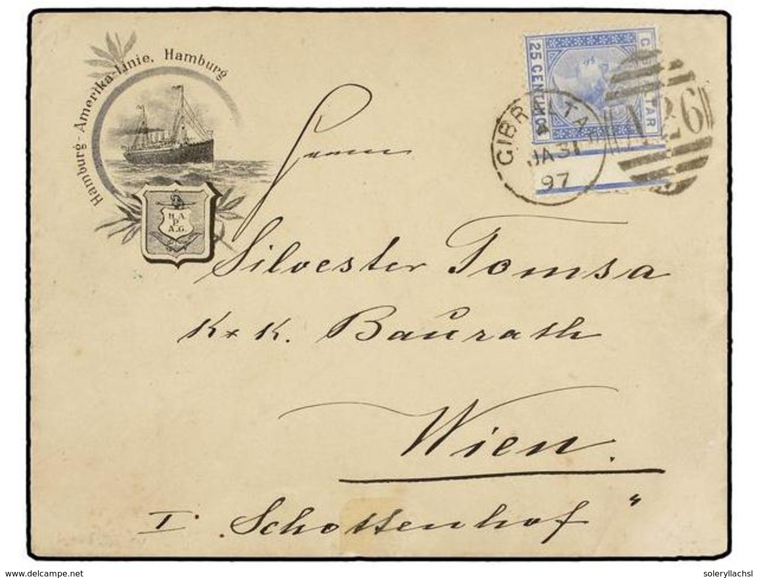 GIBRALTAR. Sg.26. 1897. GIBRALTAR To WIEN. Ilustrated  H.A.P.A.G.  Envelope Franked With  25 Cts.  Blue Stamp. FINE. - Andere & Zonder Classificatie