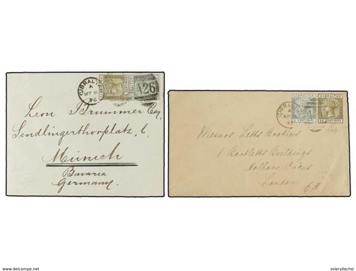 GIBRALTAR. Sg.22, 24. 1896-97. Two Envelopes To LONDON And MUNICH Franked With  5 Cts.  Green And  20 Cts.  Olive. - Andere & Zonder Classificatie