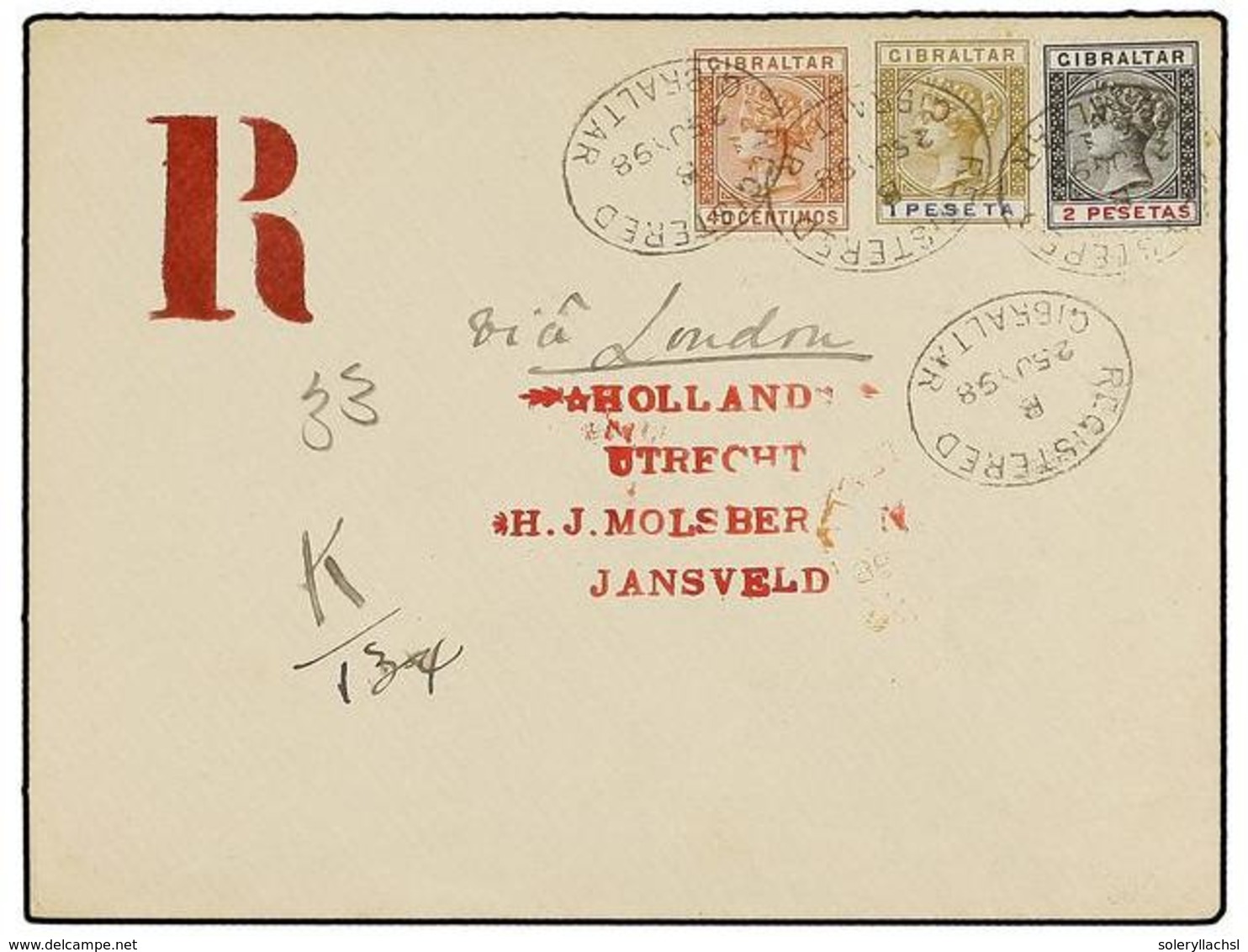 GIBRALTAR. Sg.27, 31, 32. 1898. GIBRALTAR To NETHERLANDS.  40 Cts. ,  1 Pta.  And  2 Pts.  On Registered Cover, Arrival  - Sonstige & Ohne Zuordnung