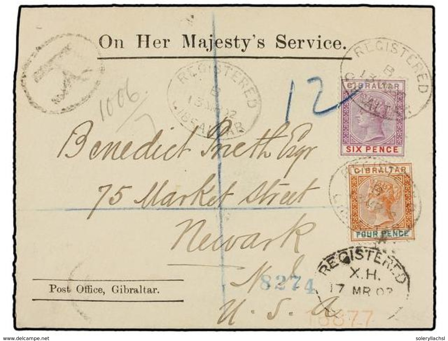 GIBRALTAR. Sg.43, 44. 1902. GIBRALTAR To U.S.A. H.M.S. Envelope Franked With  4 D.  And  6 D.  Sent Registered, Arrival  - Autres & Non Classés