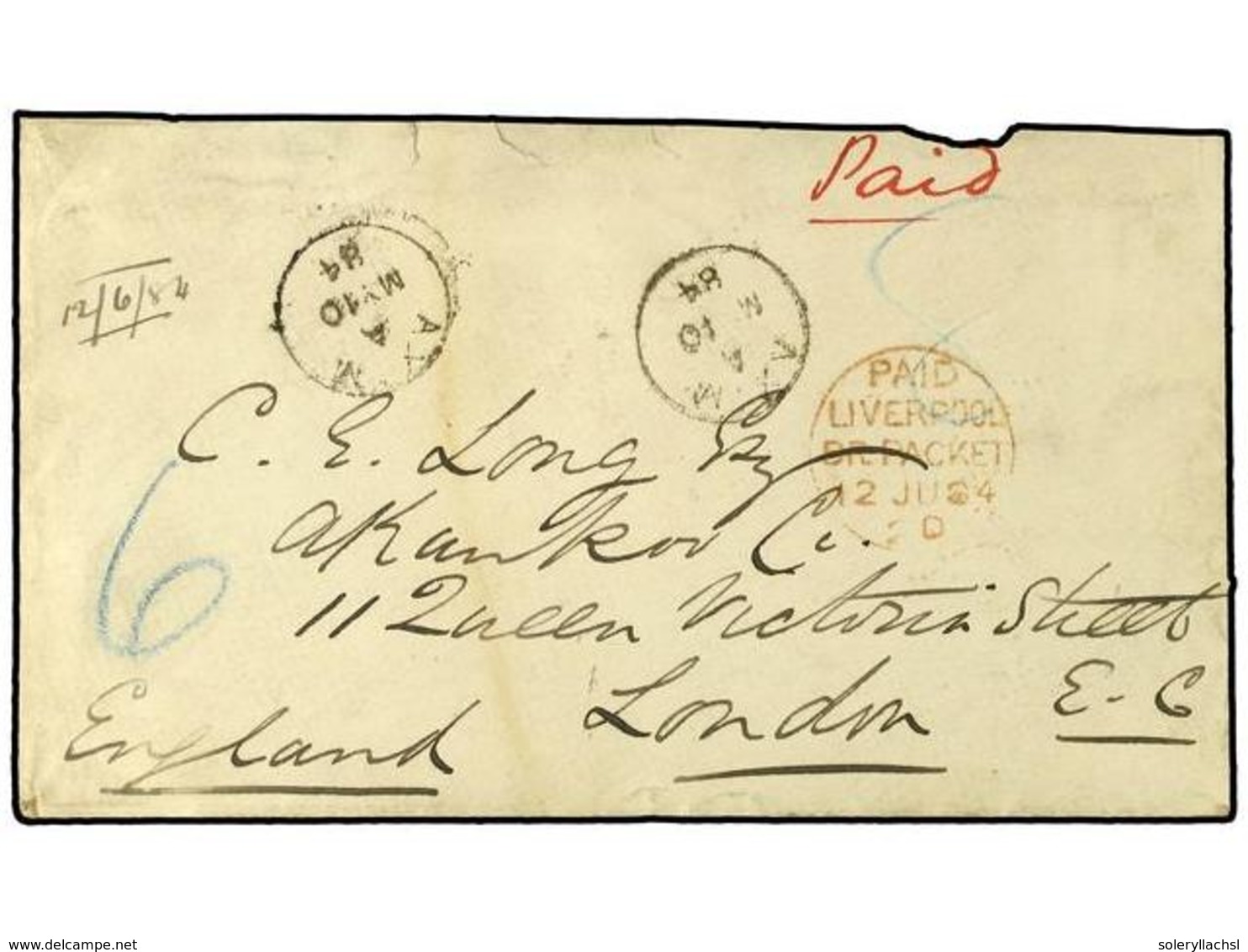 COSTA DE ORO. 1884 (May 10). Cover To London Ex The 'Midshipman Long' Correspondence At Double Rate With Two Strikes Of  - Sonstige & Ohne Zuordnung